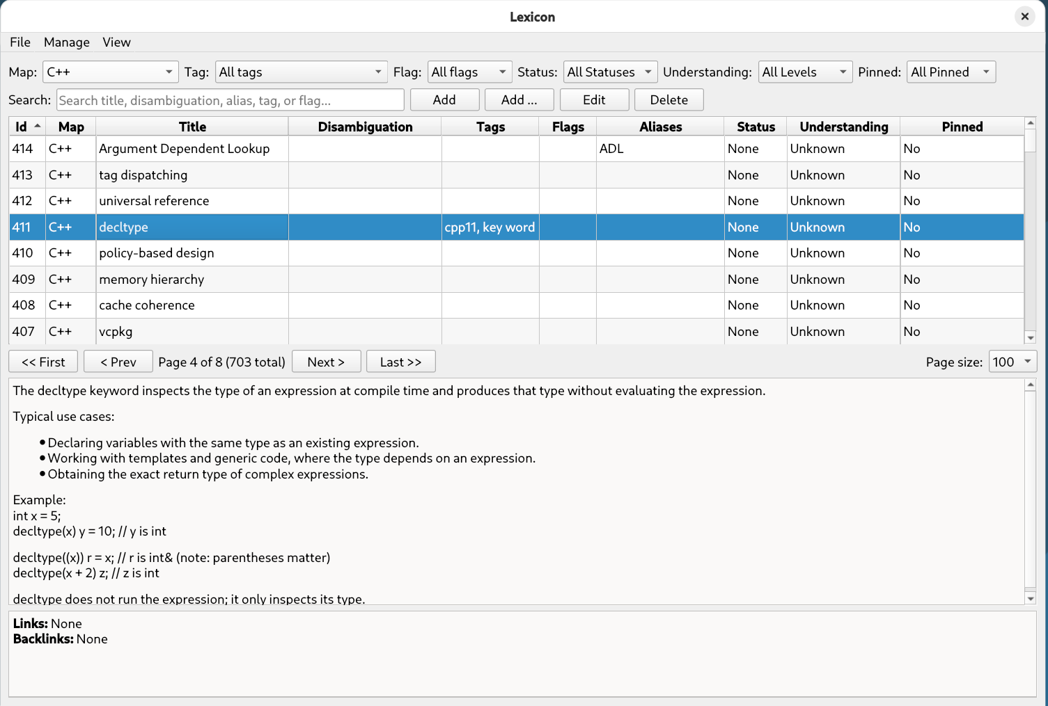 Lexicon main window — filters, term table, pagination, and rendered Markdown content