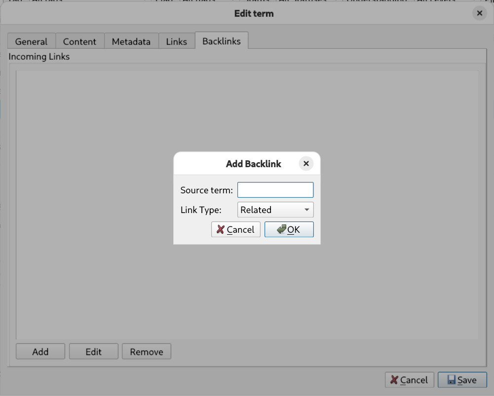 Term editor — Backlinks tab showing incoming relationships from other terms