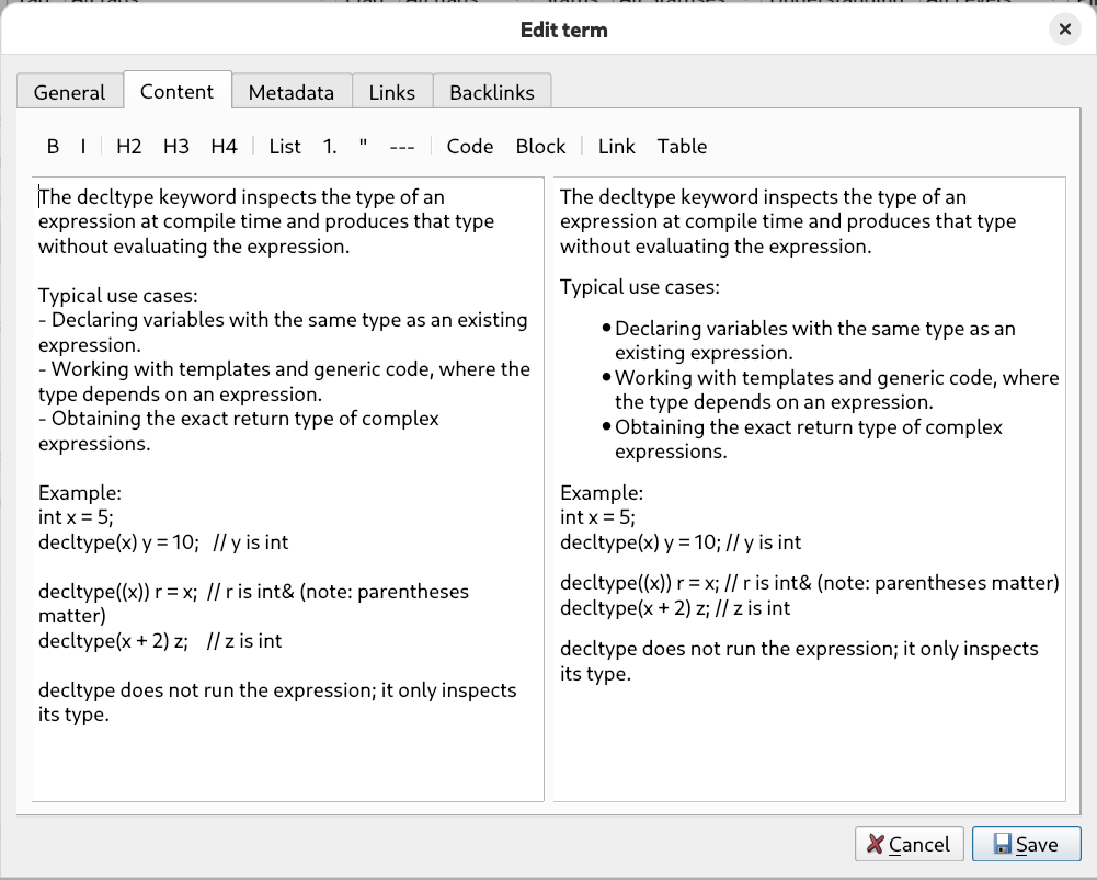 Term editor Content tab — Markdown editor with live preview