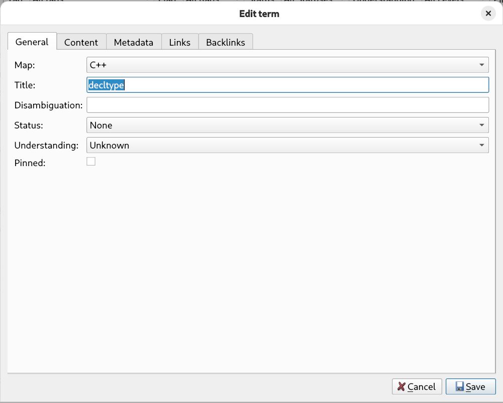 Term editor — General tab with map, title, disambiguation, status, understanding, and pinned fields