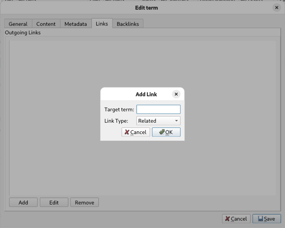 Term editor Links tab — typed outgoing relationships
