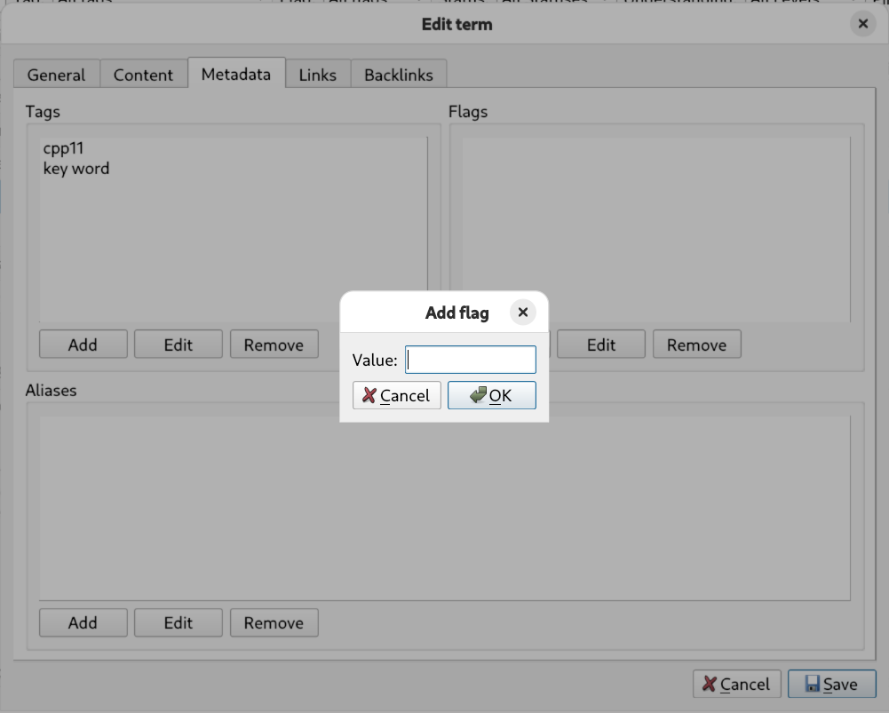Term editor — Metadata tab for managing tags, flags, and aliases