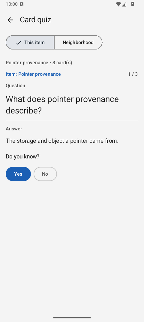The Android app: a card quiz with the answer visible