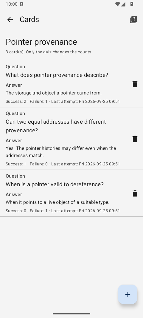 The Cards screen on Android, with three questions and their attempt counts