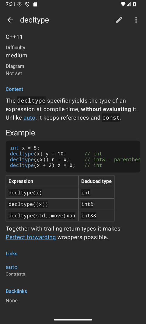 An item in the Android app in the dark theme