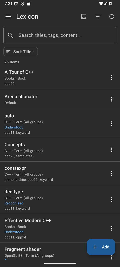 The Android items list in the dark theme