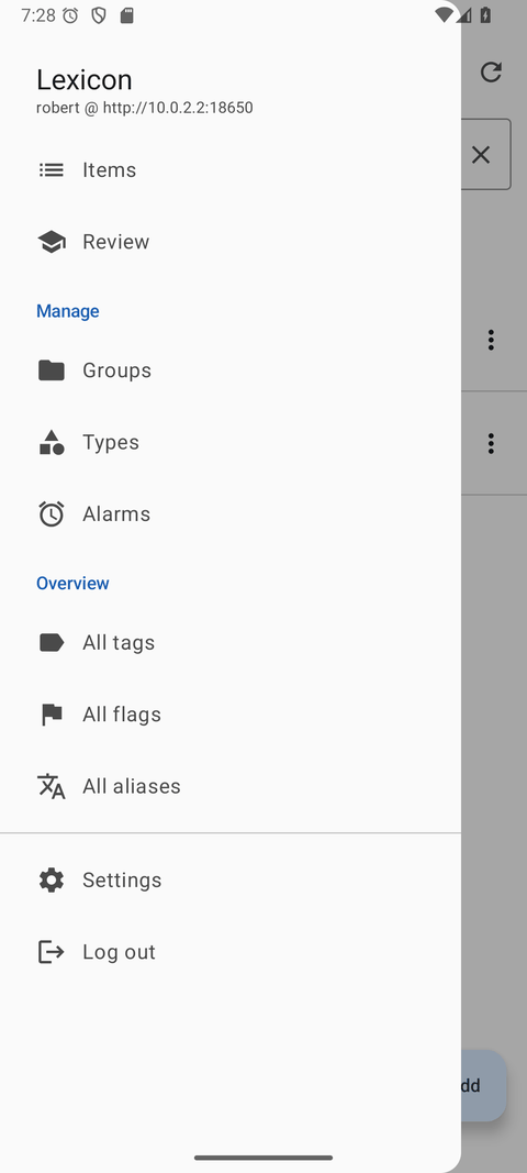 The Android navigation drawer with Items, Review, Alarms and more