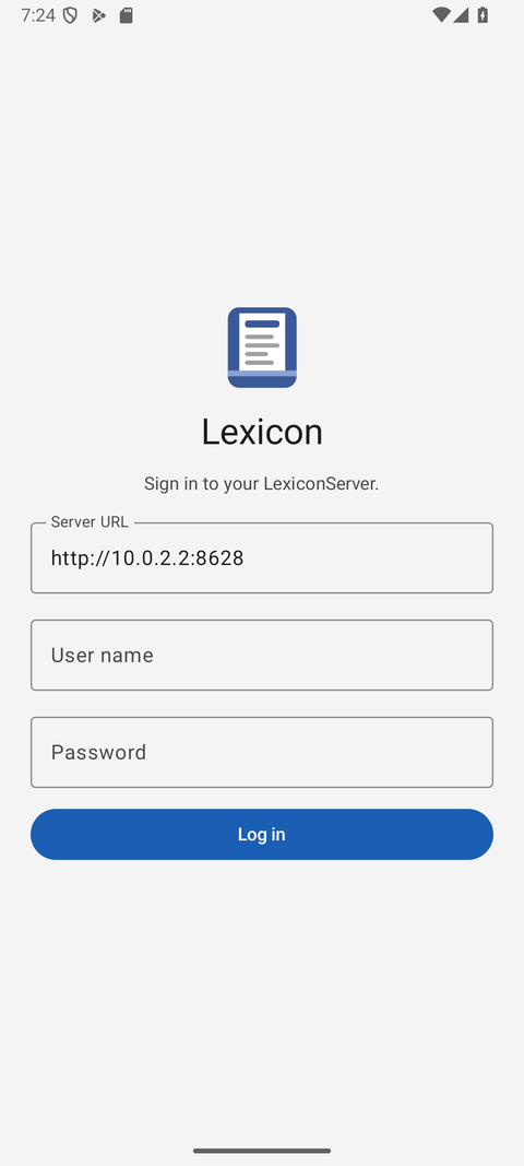 The Android sign-in screen with the server address, user name and password