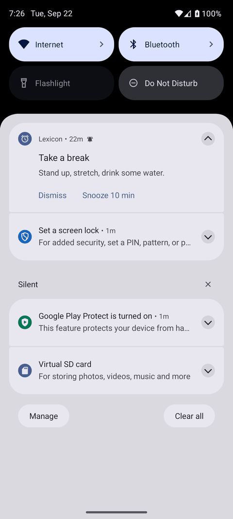 An Android notification for an alarm, with Dismiss and Snooze 10 min