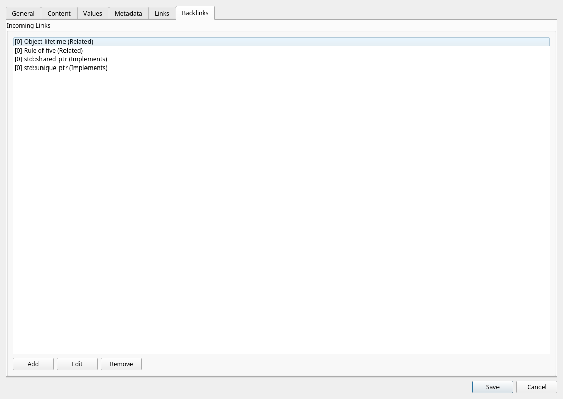 Item editor — Backlinks tab with incoming relationships from other items