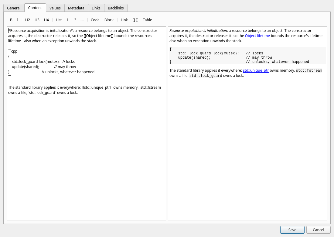 Item editor Content tab — Markdown editor with live preview