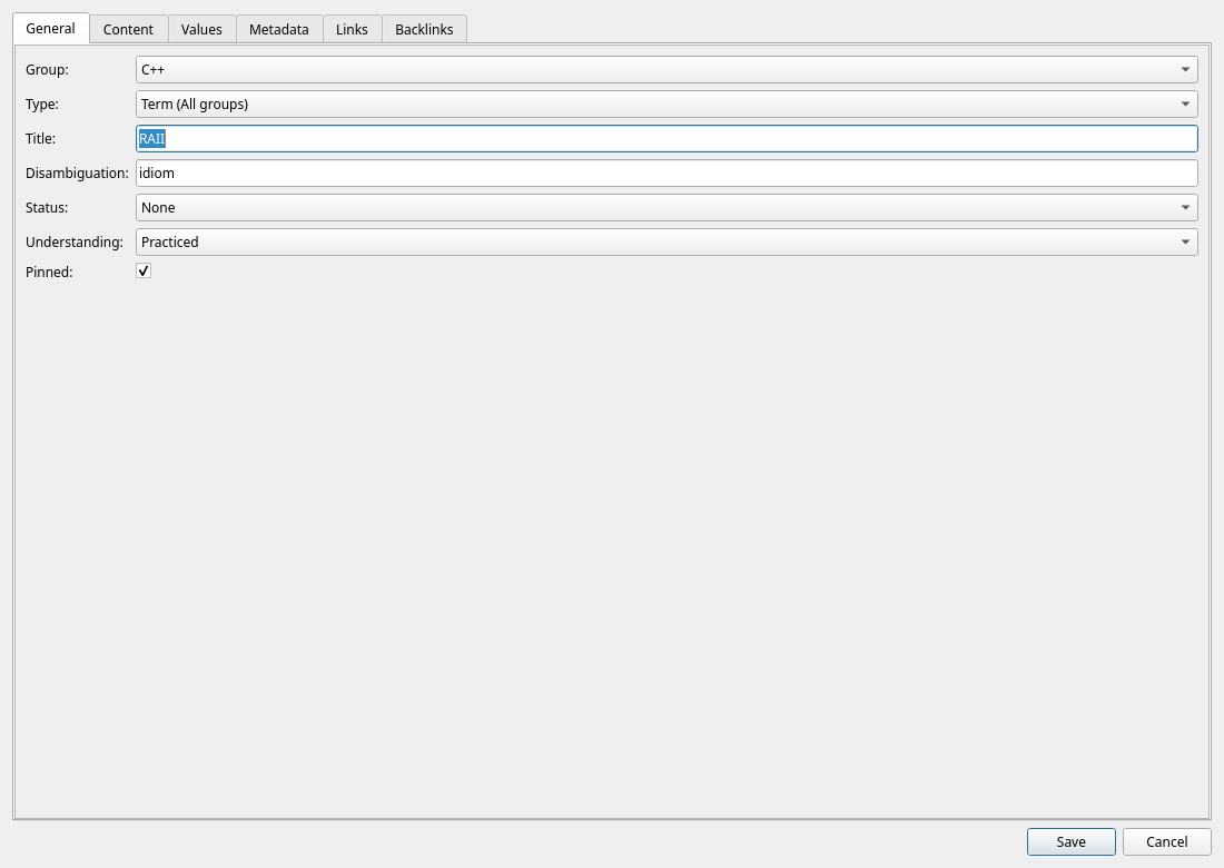 Item editor — General tab with group, type, title, disambiguation, status, understanding and pinned