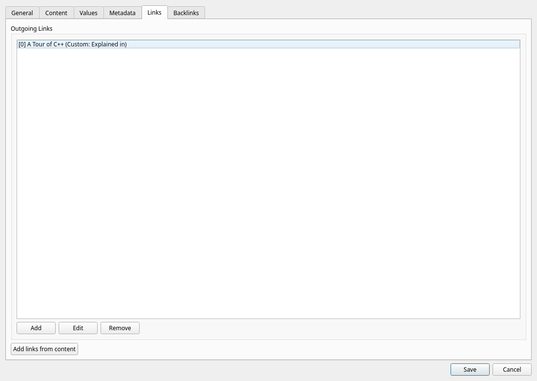 Item editor — Links tab with outgoing typed relationships