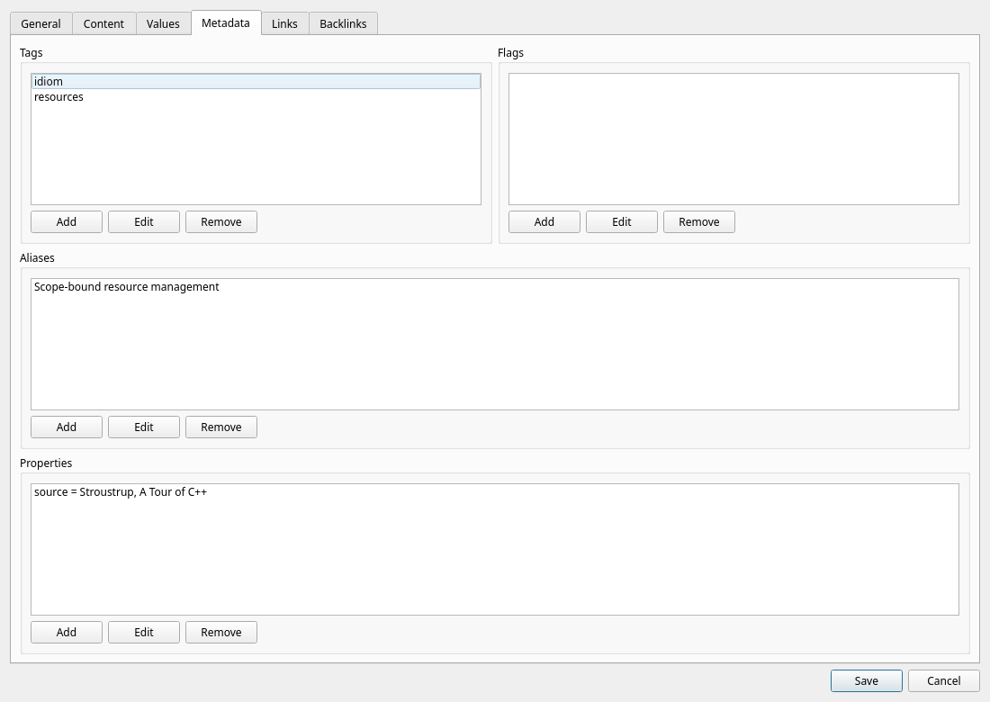 Item editor — Metadata tab with tags, flags, aliases and properties