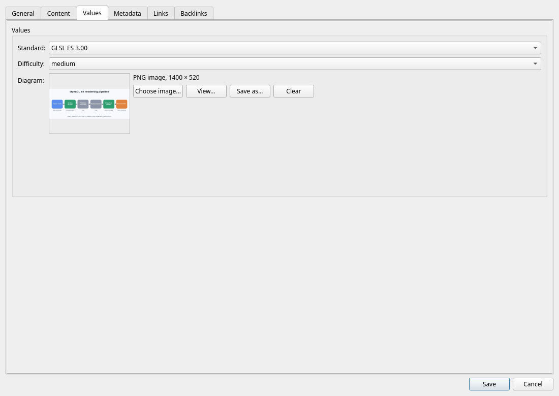 Item editor — Values tab with the fields of the item's type and an image field showing a thumbnail