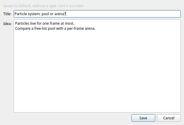 The Inbox dialog with a title, the idea as plain text, and Save