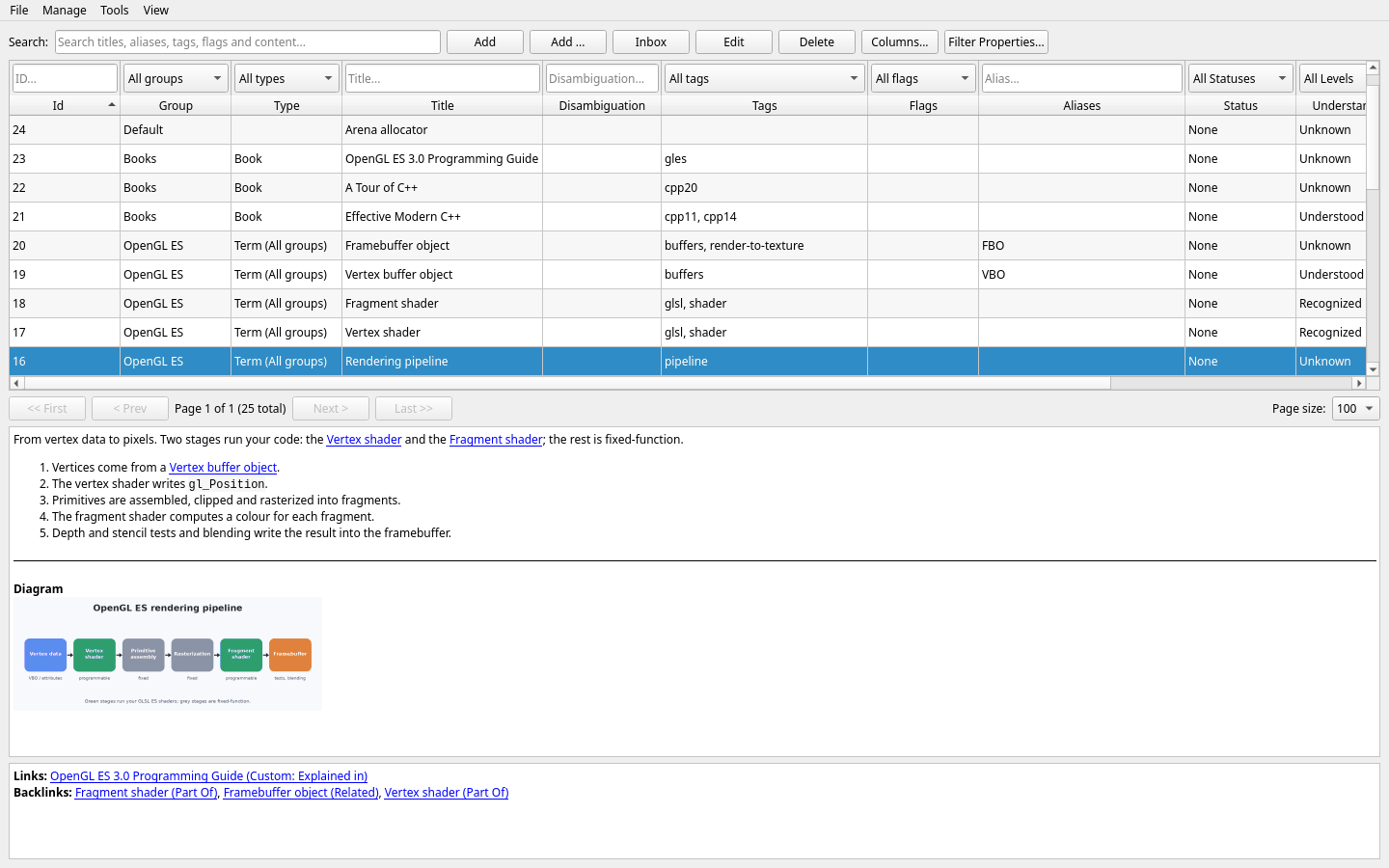 Lexicon main window — filters, item table, pagination, and rendered Markdown content with a diagram