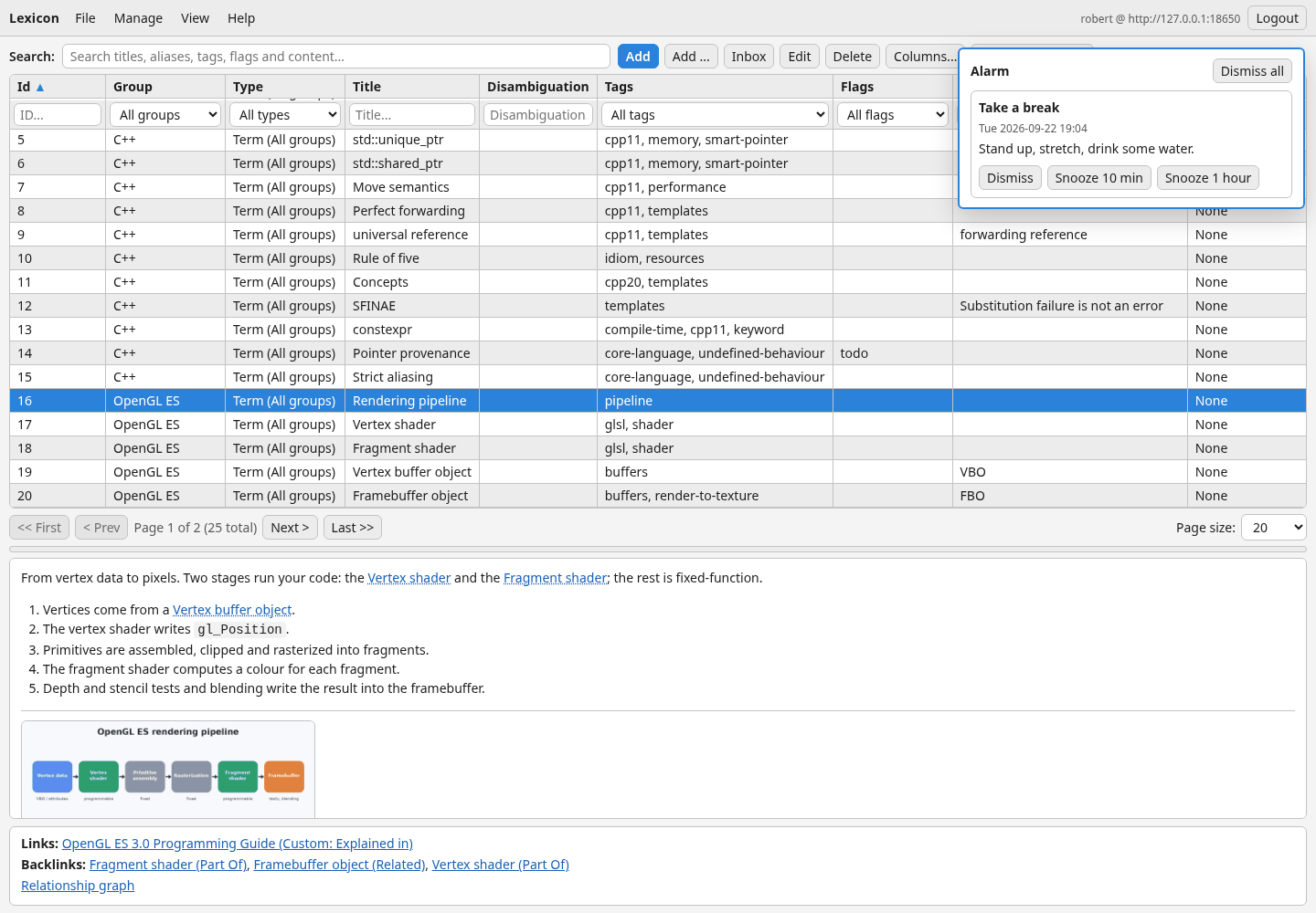 An alarm ringing over the web client, with Dismiss and snooze buttons