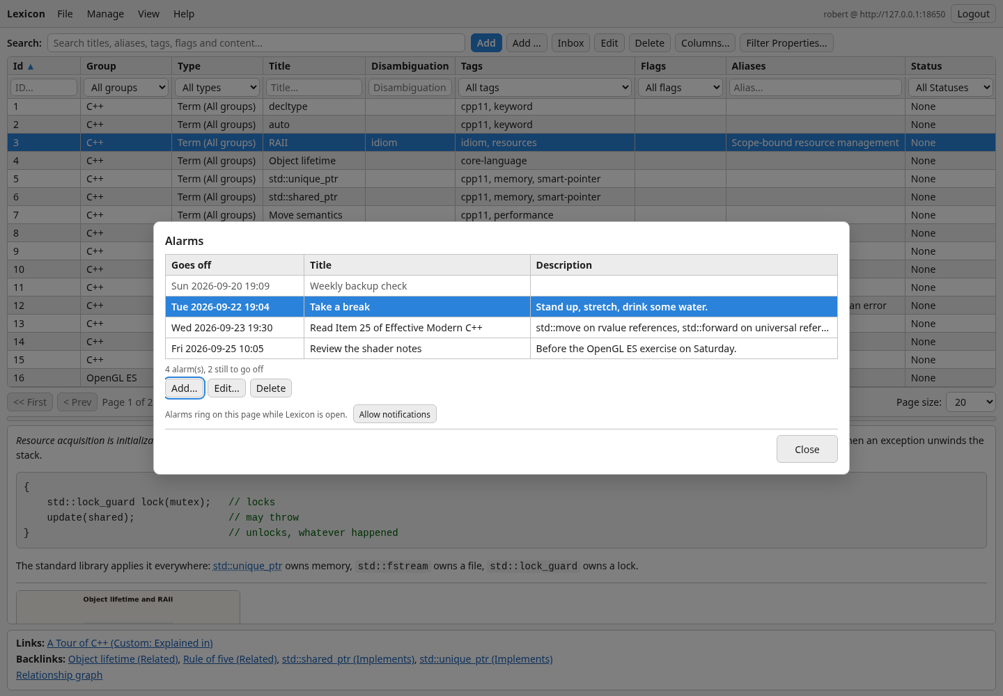 The alarm list in the web client