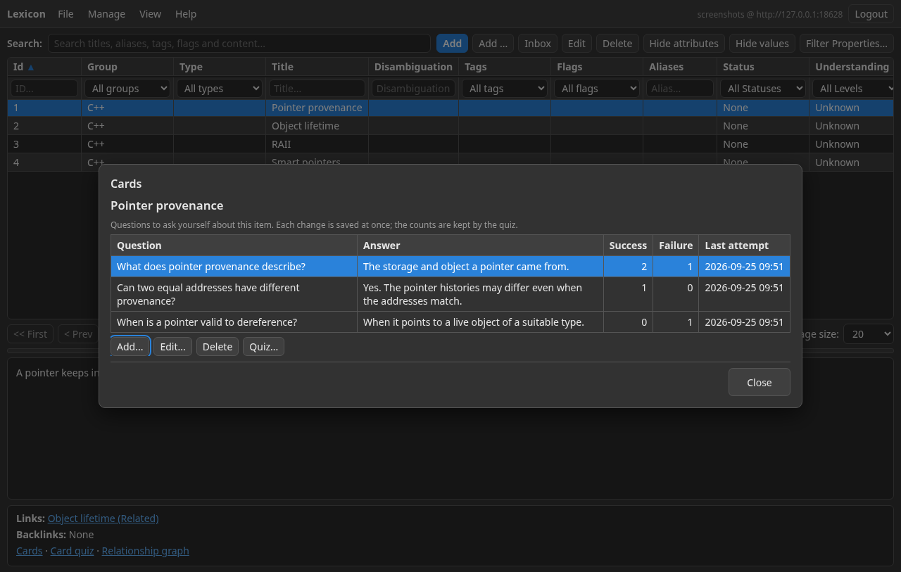 Web Cards dialog showing three questions, answers and their Success and Failure counts