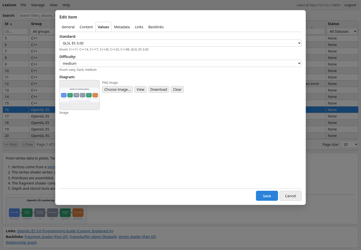 The web item editor, Values tab, with an image field and its thumbnail
