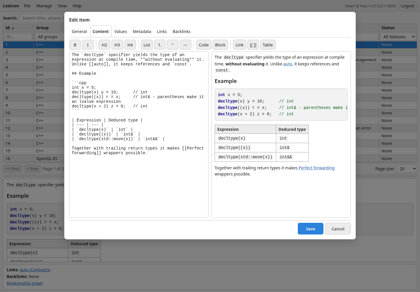 The web item editor, Content tab, with Markdown and its preview