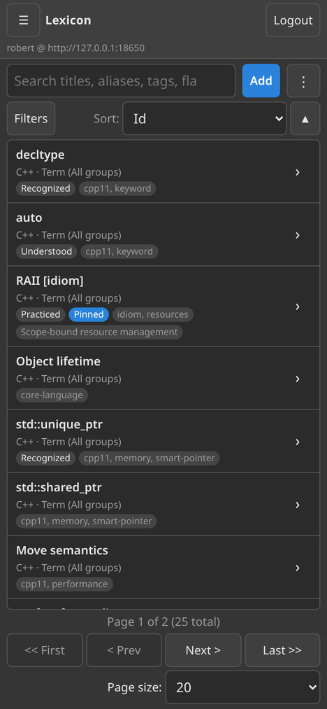 The web client on a phone-sized screen in the dark theme