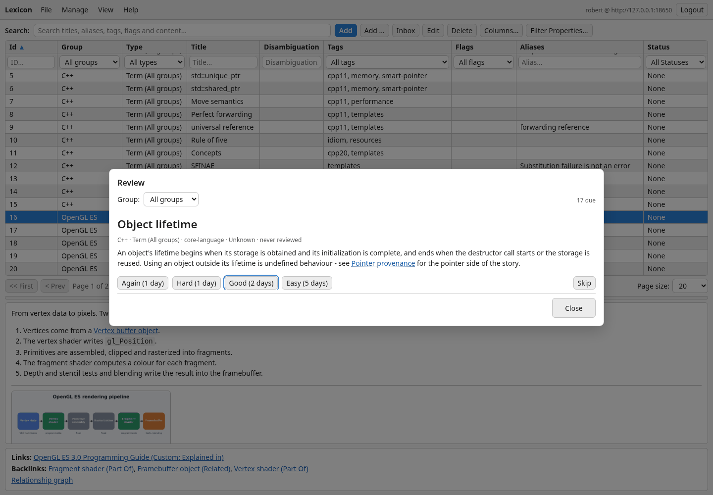 The review card in the web client